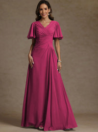 A-Line/Princess V-Neck Flying Sleeves Floor-Length Mother of the Bride Dresses with Pleats