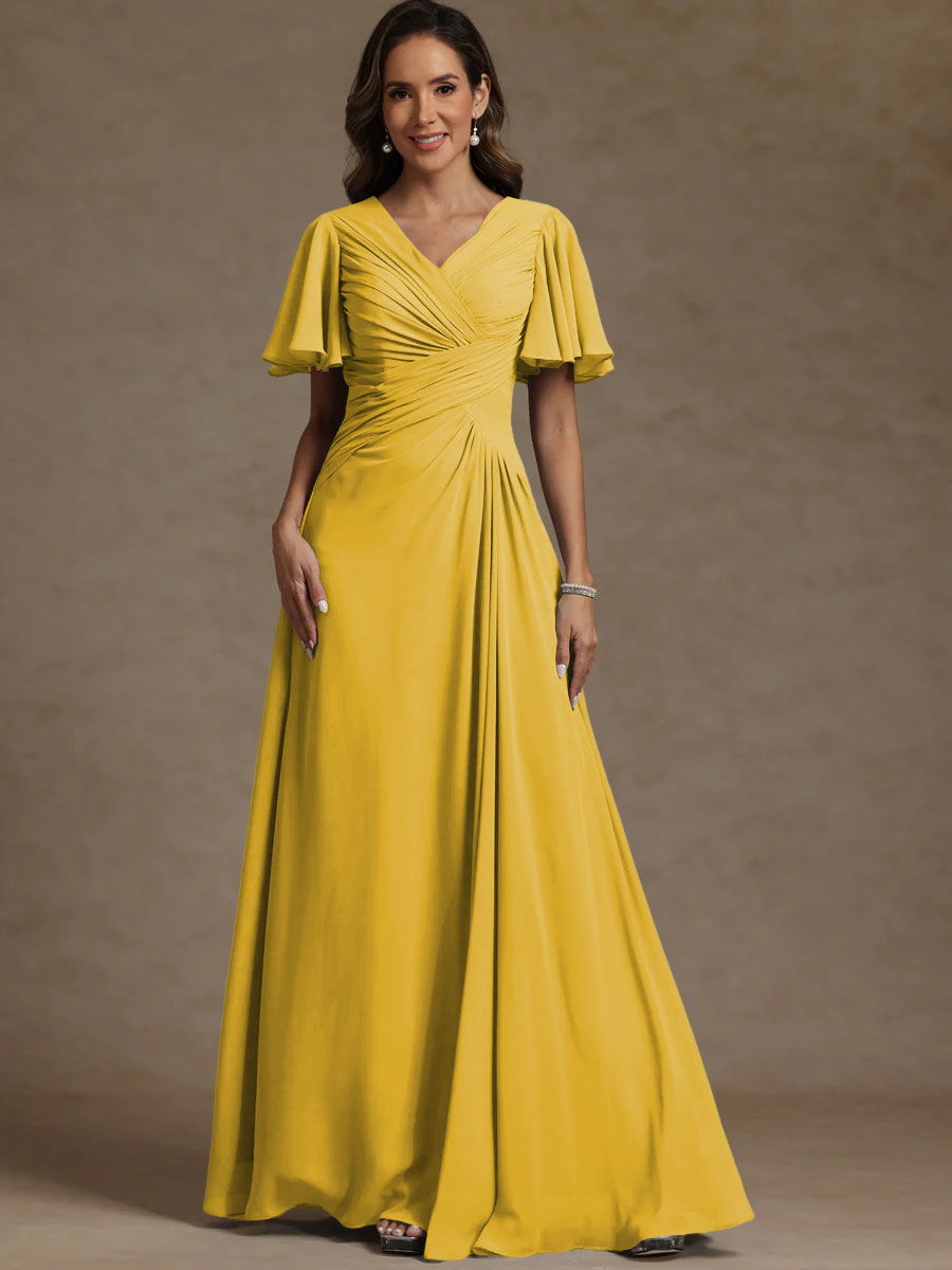 A-Line/Princess V-Neck Flying Sleeves Floor-Length Mother of the Bride Dresses with Pleats