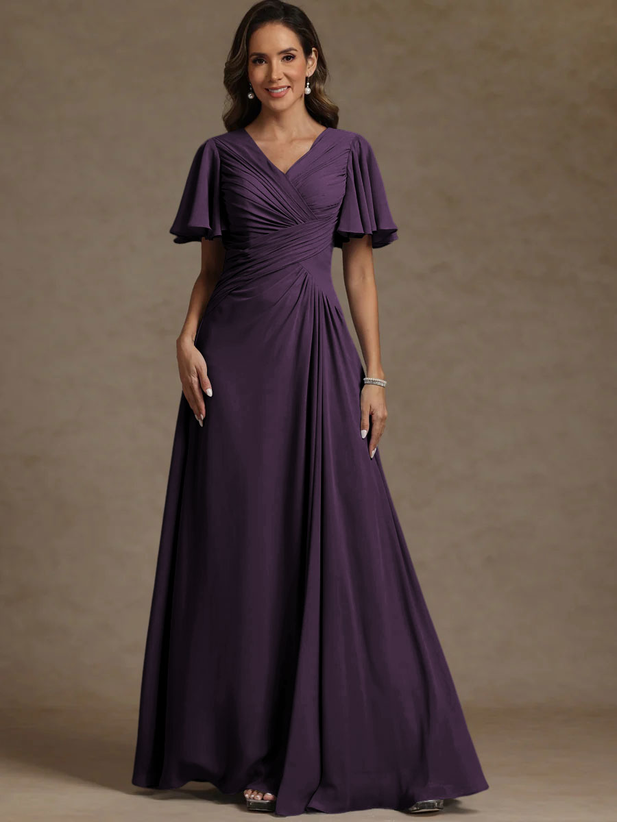 A-Line/Princess V-Neck Flying Sleeves Floor-Length Mother of the Bride Dresses with Pleats