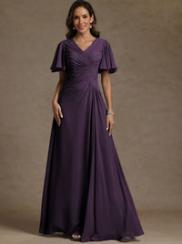 A-Line/Princess V-Neck Flying Sleeves Floor-Length Mother of the Bride Dresses with Pleats
