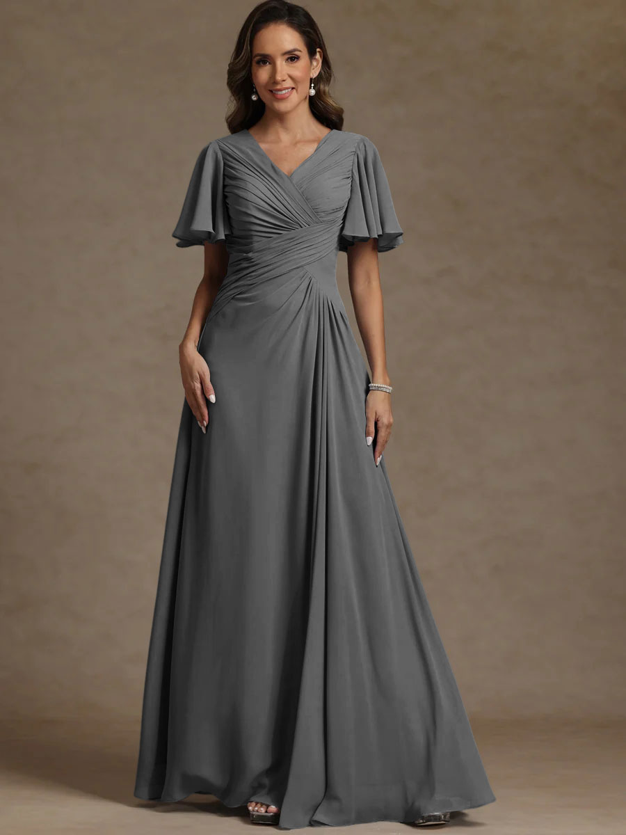 A-Line/Princess V-Neck Flying Sleeves Floor-Length Mother of the Bride Dresses with Pleats