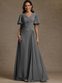 A-Line/Princess V-Neck Flying Sleeves Floor-Length Mother of the Bride Dresses with Pleats