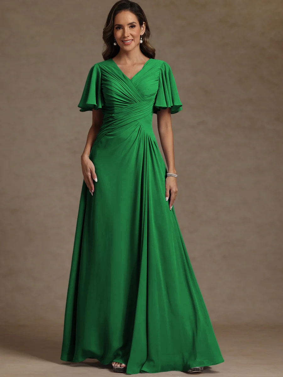 A-Line/Princess V-Neck Flying Sleeves Floor-Length Mother of the Bride Dresses with Pleats