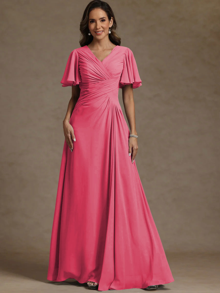A-Line/Princess V-Neck Flying Sleeves Floor-Length Mother of the Bride Dresses with Pleats