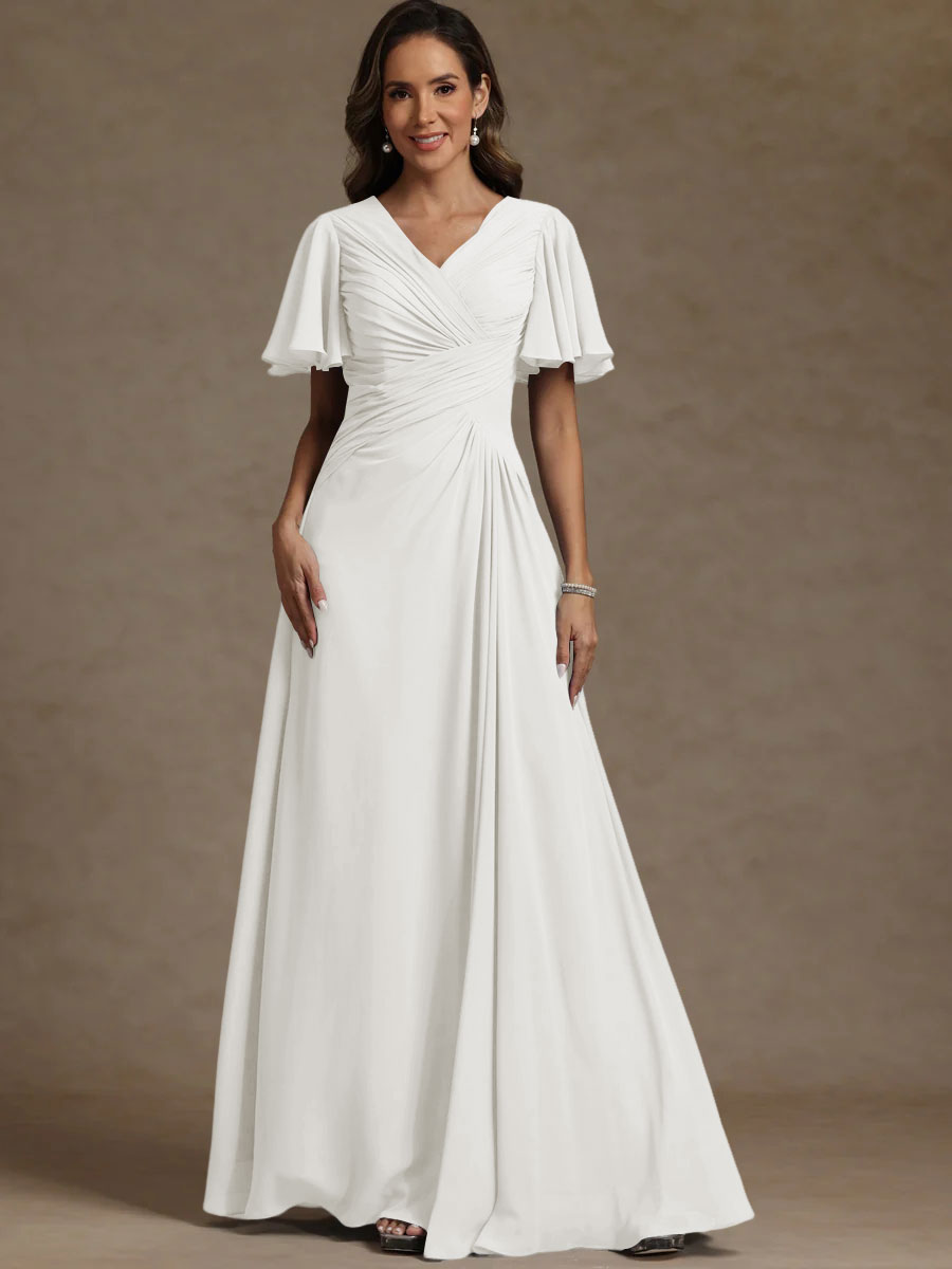 A-Line/Princess V-Neck Flying Sleeves Floor-Length Mother of the Bride Dresses with Pleats
