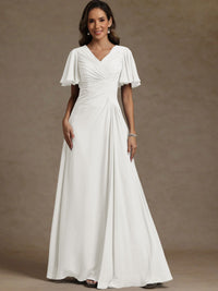 A-Line/Princess V-Neck Flying Sleeves Floor-Length Mother of the Bride Dresses with Pleats