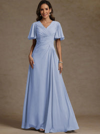 A-Line/Princess V-Neck Flying Sleeves Floor-Length Mother of the Bride Dresses with Pleats