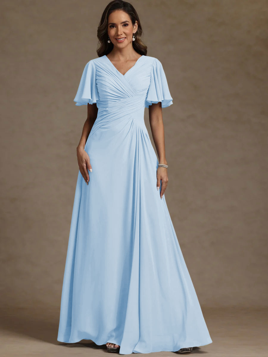A-Line/Princess V-Neck Flying Sleeves Floor-Length Mother of the Bride Dresses with Pleats