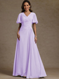 A-Line/Princess V-Neck Flying Sleeves Floor-Length Mother of the Bride Dresses with Pleats