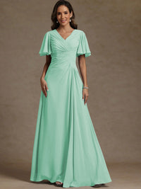 A-Line/Princess V-Neck Flying Sleeves Floor-Length Mother of the Bride Dresses with Pleats