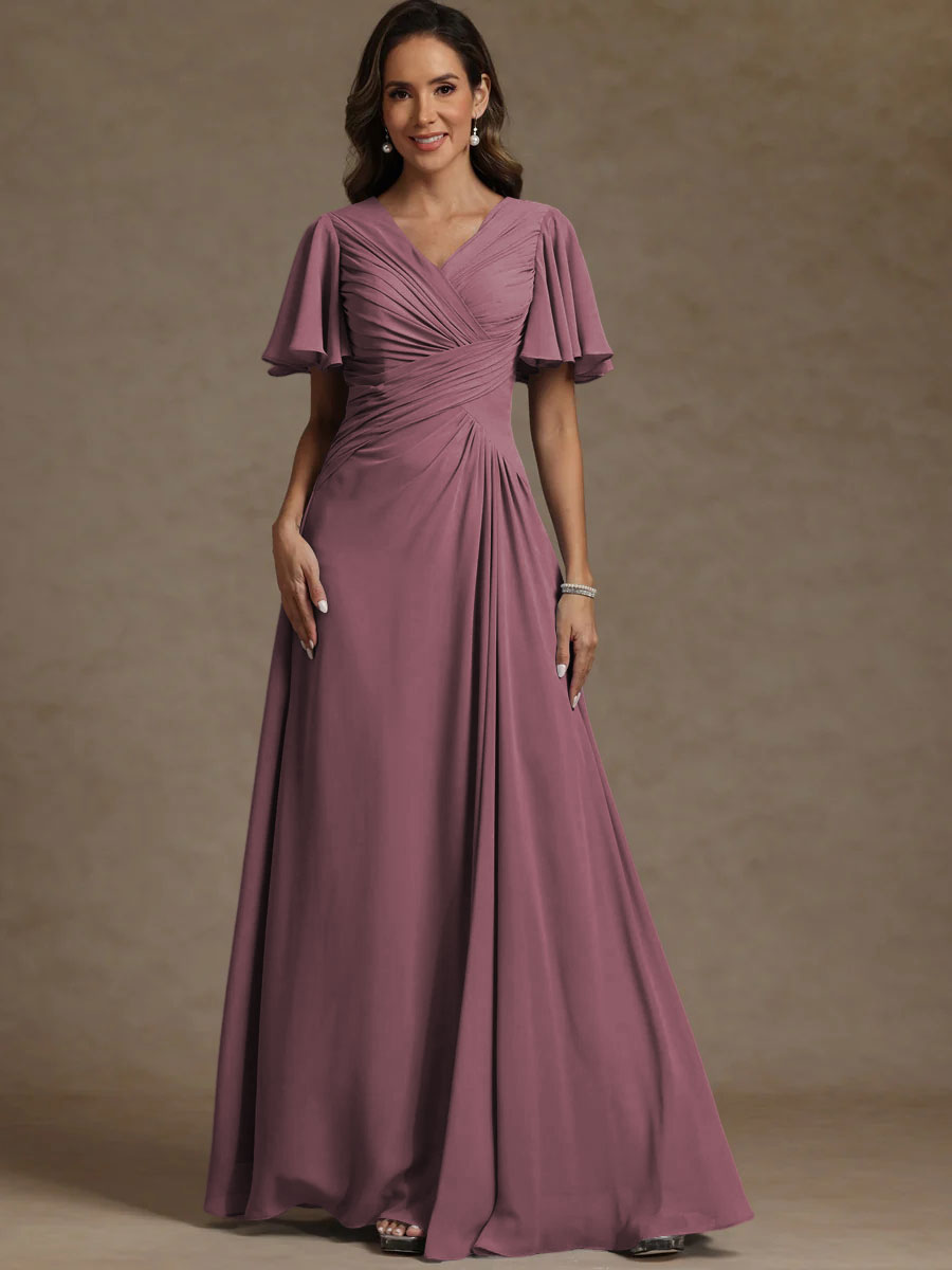 A-Line/Princess V-Neck Flying Sleeves Floor-Length Mother of the Bride Dresses with Pleats