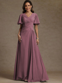 A-Line/Princess V-Neck Flying Sleeves Floor-Length Mother of the Bride Dresses with Pleats