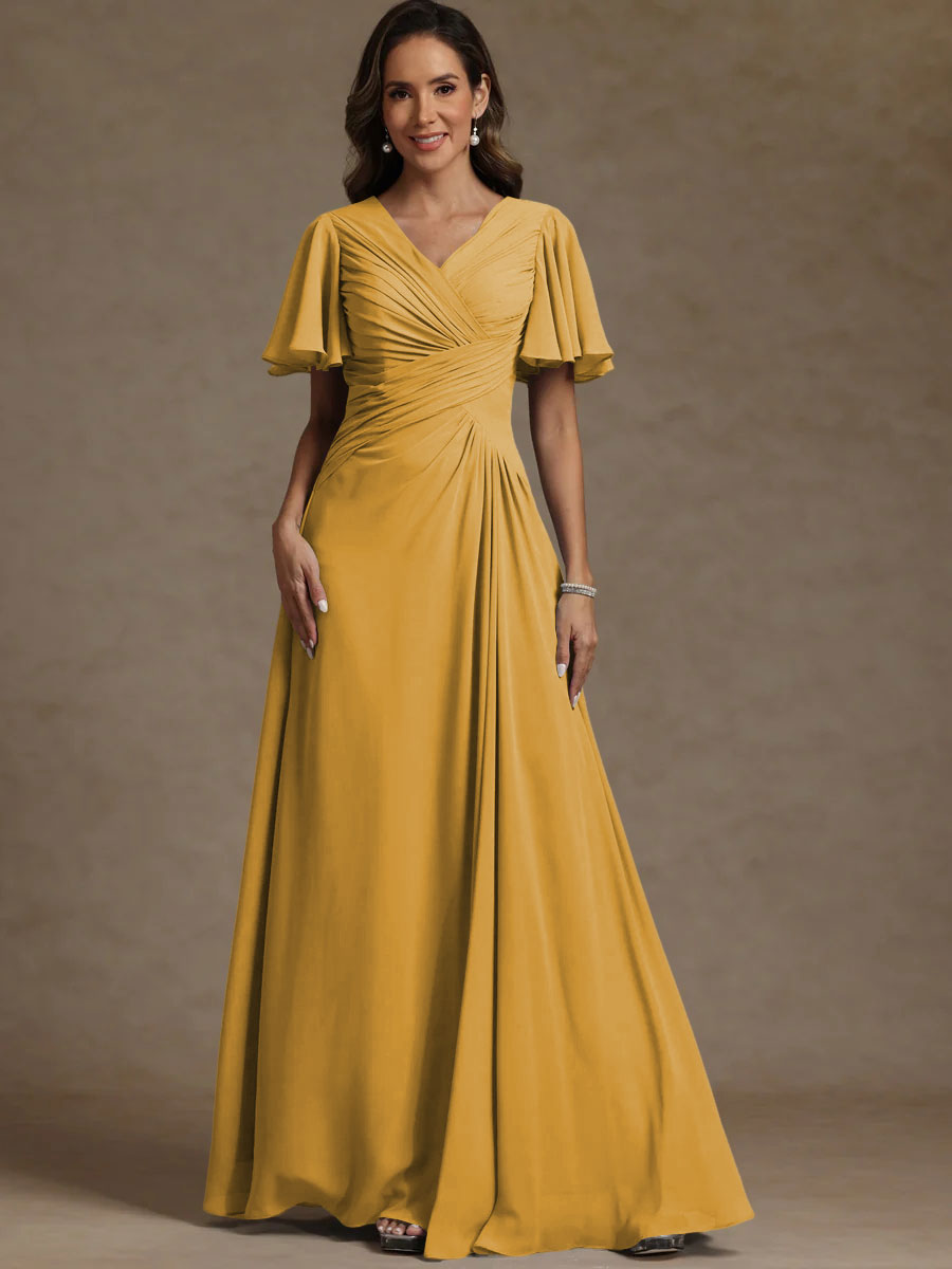 A-Line/Princess V-Neck Flying Sleeves Floor-Length Mother of the Bride Dresses with Pleats