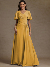 A-Line/Princess V-Neck Flying Sleeves Floor-Length Mother of the Bride Dresses with Pleats
