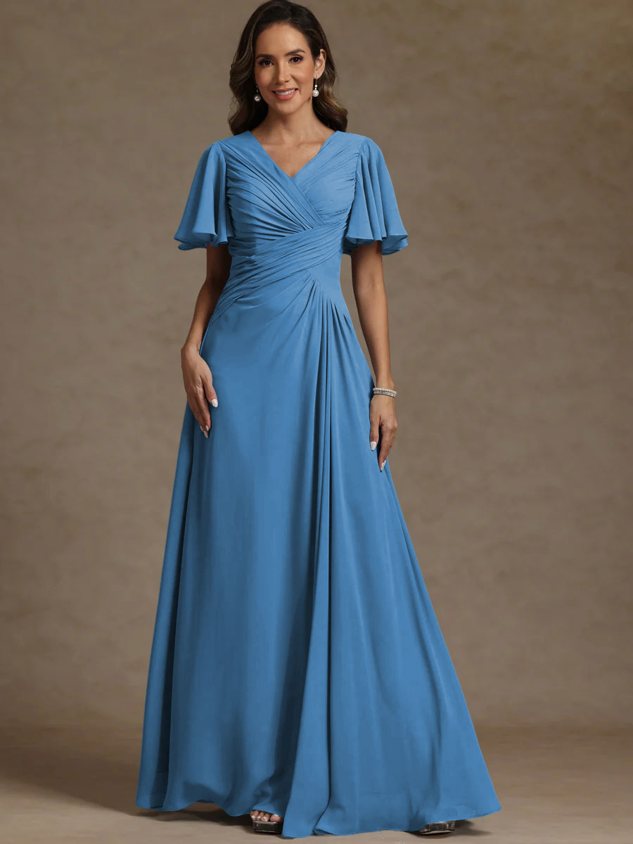 A-Line/Princess V-Neck Flying Sleeves Floor-Length Mother of the Bride Dresses with Pleats