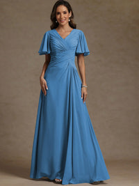 A-Line/Princess V-Neck Flying Sleeves Floor-Length Mother of the Bride Dresses with Pleats
