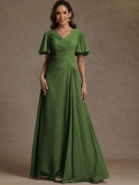 A-Line/Princess V-Neck Flying Sleeves Floor-Length Mother of the Bride Dresses with Pleats
