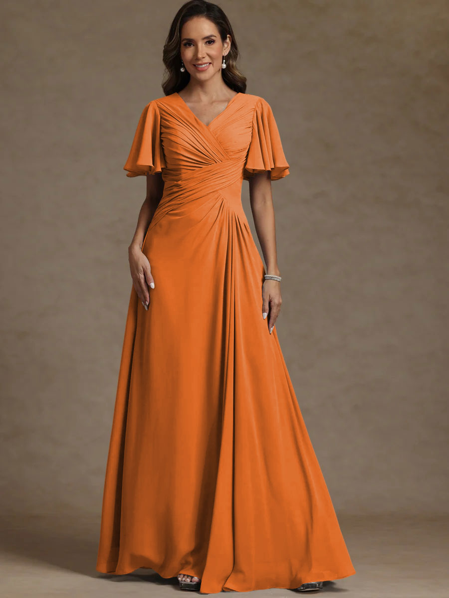 A-Line/Princess V-Neck Flying Sleeves Floor-Length Mother of the Bride Dresses with Pleats