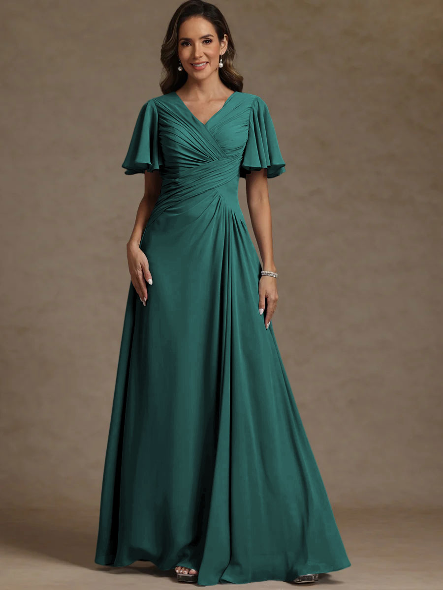A-Line/Princess V-Neck Flying Sleeves Floor-Length Mother of the Bride Dresses with Pleats