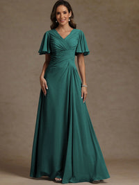 A-Line/Princess V-Neck Flying Sleeves Floor-Length Mother of the Bride Dresses with Pleats