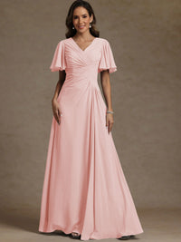 A-Line/Princess V-Neck Flying Sleeves Floor-Length Mother of the Bride Dresses with Pleats