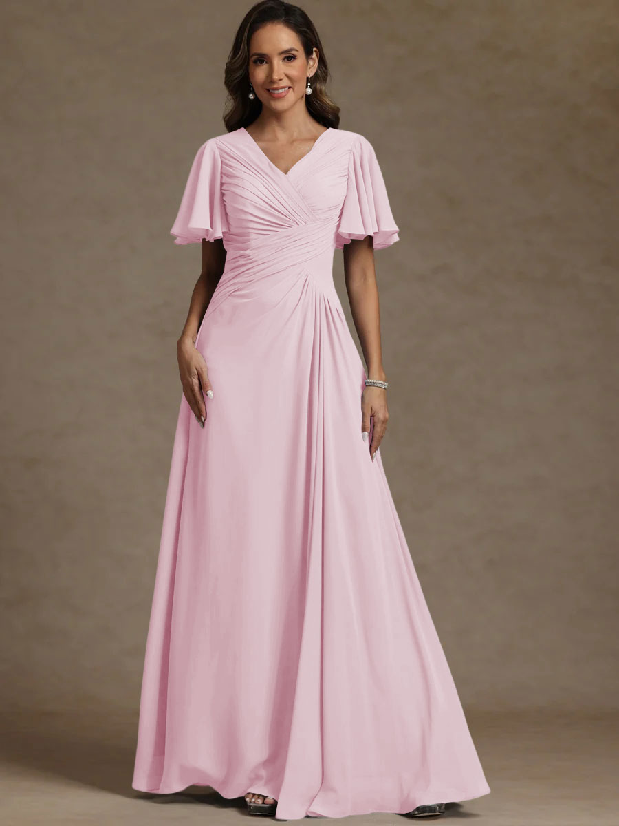 A-Line/Princess V-Neck Flying Sleeves Floor-Length Mother of the Bride Dresses with Pleats