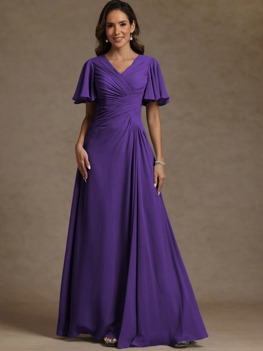 A-Line/Princess V-Neck Flying Sleeves Floor-Length Mother of the Bride Dresses with Pleats
