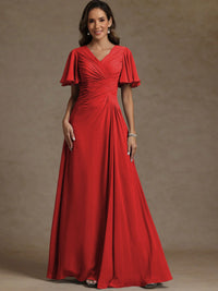 A-Line/Princess V-Neck Flying Sleeves Floor-Length Mother of the Bride Dresses with Pleats