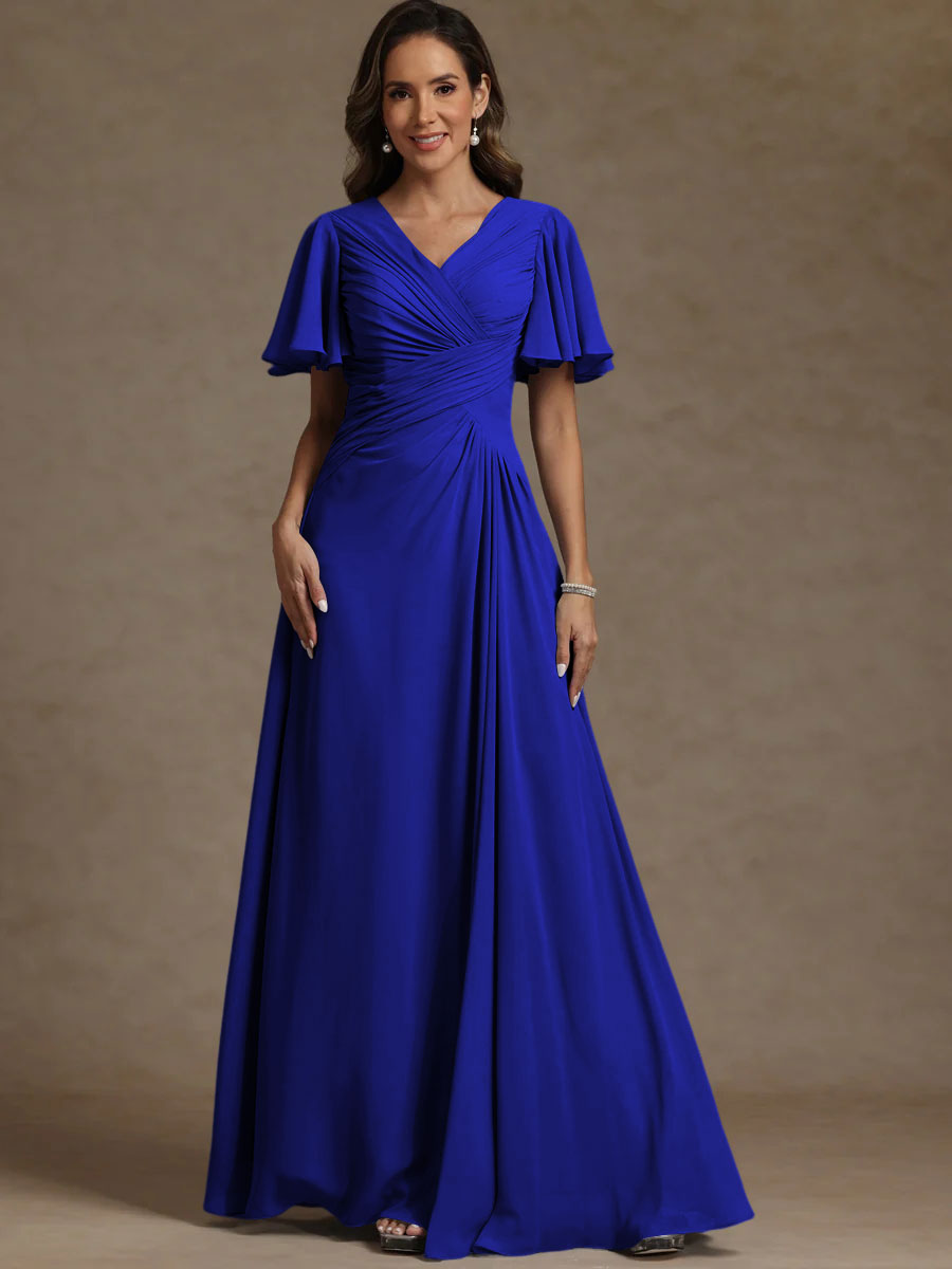A-Line/Princess V-Neck Flying Sleeves Floor-Length Mother of the Bride Dresses with Pleats