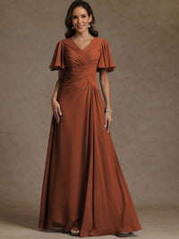 A-Line/Princess V-Neck Flying Sleeves Floor-Length Mother of the Bride Dresses with Pleats