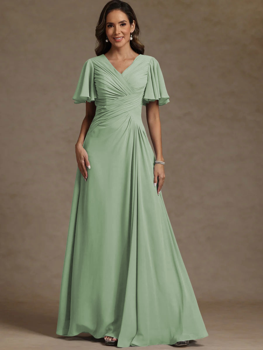 A-Line/Princess V-Neck Flying Sleeves Floor-Length Mother of the Bride Dresses with Pleats