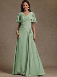 A-Line/Princess V-Neck Flying Sleeves Floor-Length Mother of the Bride Dresses with Pleats