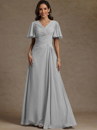 A-Line/Princess V-Neck Flying Sleeves Floor-Length Mother of the Bride Dresses with Pleats