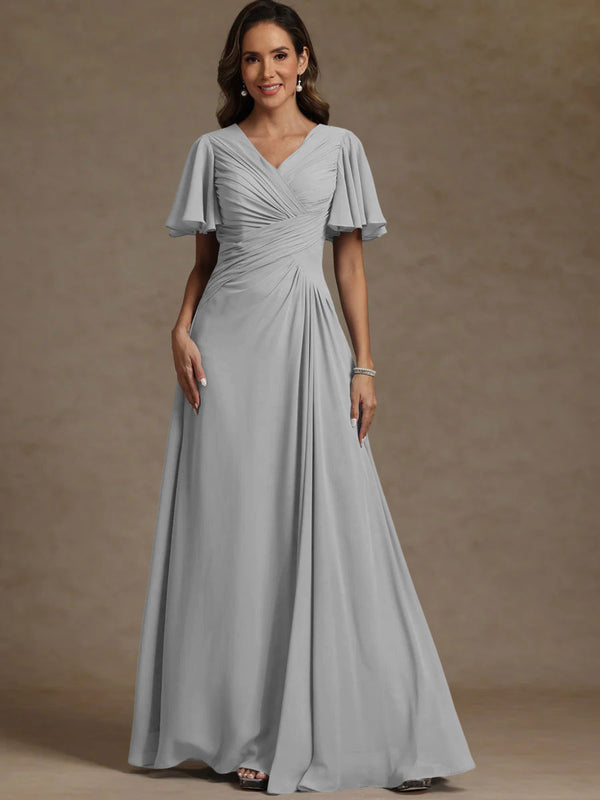 A-Line/Princess V-Neck Flying Sleeves Floor-Length Mother of the Bride Dresses with Pleats