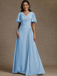 A-Line/Princess V-Neck Flying Sleeves Floor-Length Mother of the Bride Dresses with Pleats