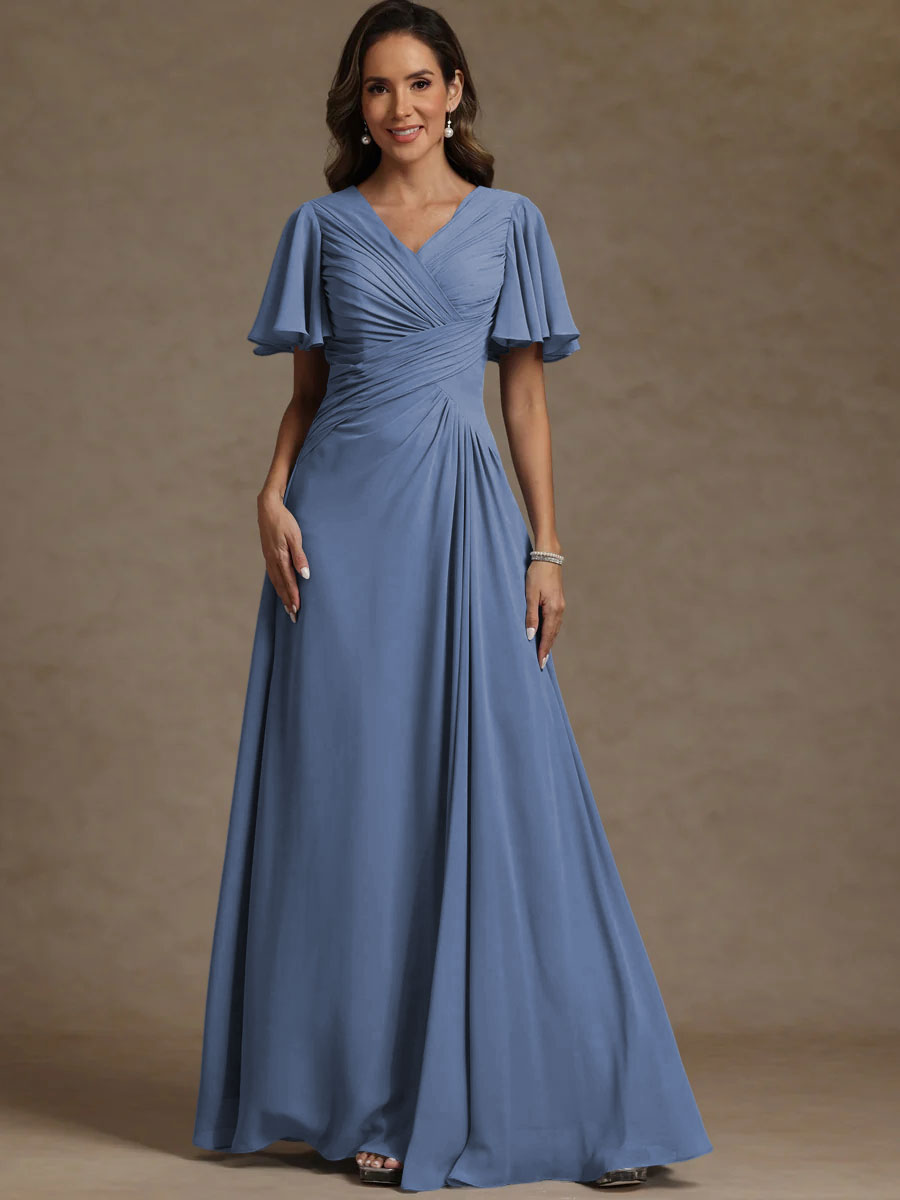 A-Line/Princess V-Neck Flying Sleeves Floor-Length Mother of the Bride Dresses with Pleats