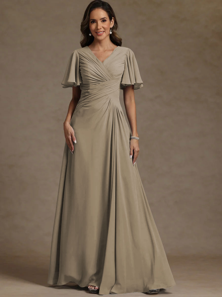 A-Line/Princess V-Neck Flying Sleeves Floor-Length Mother of the Bride Dresses with Pleats