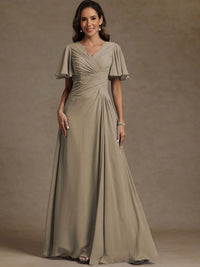 A-Line/Princess V-Neck Flying Sleeves Floor-Length Mother of the Bride Dresses with Pleats