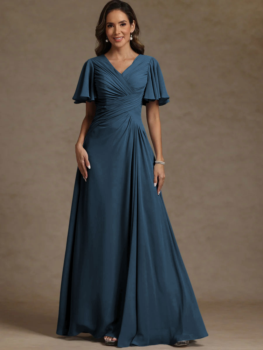 A-Line/Princess V-Neck Flying Sleeves Floor-Length Mother of the Bride Dresses with Pleats