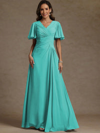 A-Line/Princess V-Neck Flying Sleeves Floor-Length Mother of the Bride Dresses with Pleats