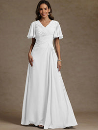 A-Line/Princess V-Neck Flying Sleeves Floor-Length Mother of the Bride Dresses with Pleats
