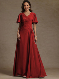 A-Line/Princess V-Neck Flying Sleeves Floor-Length Mother of the Bride Dresses with Pleats