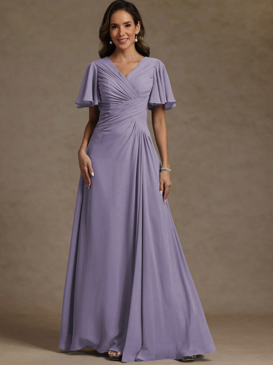 A-Line/Princess V-Neck Flying Sleeves Floor-Length Mother of the Bride Dresses with Pleats