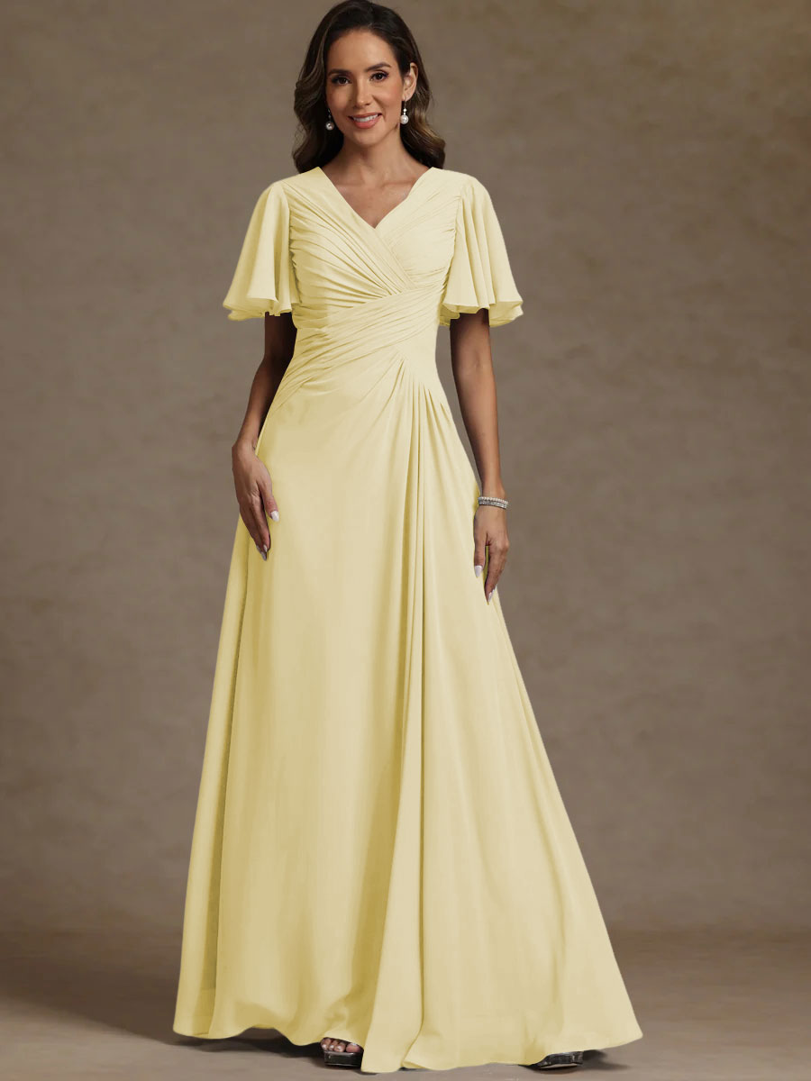 A-Line/Princess V-Neck Flying Sleeves Floor-Length Mother of the Bride Dresses with Pleats