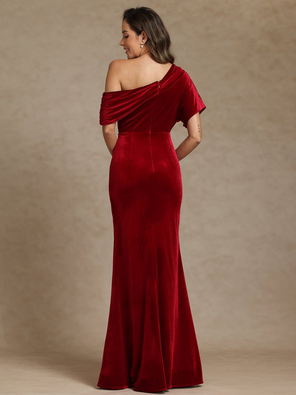 Sheath/Column One Shoulder Velvet Floor-Length Mother of the Bride Dresses with Pleats