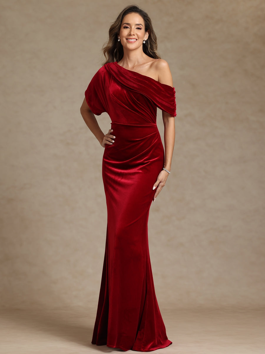 Sheath/Column One Shoulder Velvet Floor-Length Mother of the Bride Dresses with Pleats