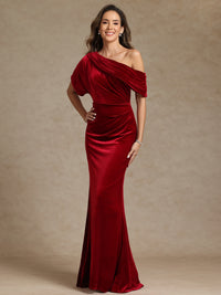 Sheath/Column One Shoulder Velvet Floor-Length Mother of the Bride Dresses with Pleats