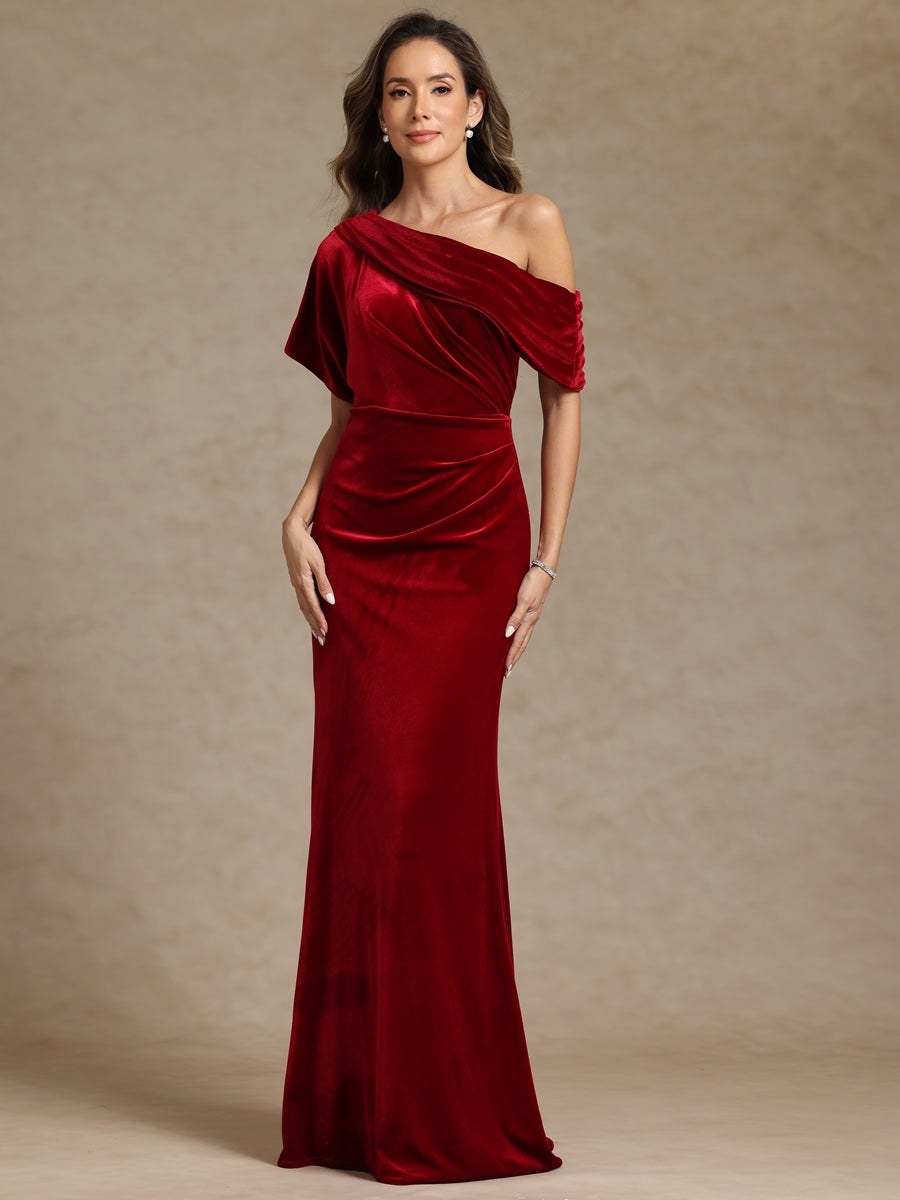 Sheath/Column One Shoulder Velvet Floor-Length Mother of the Bride Dresses with Pleats