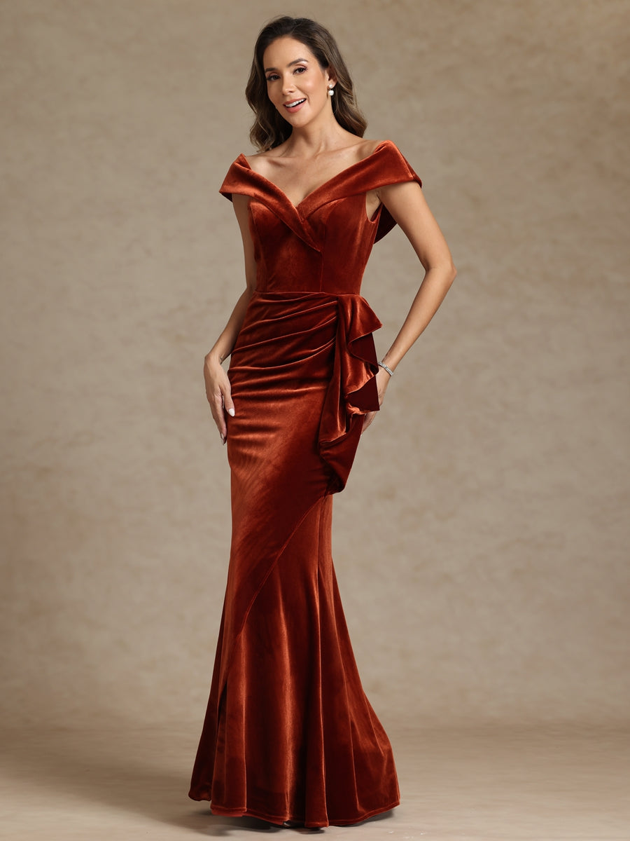 Sheath/Column Off Shoulder Pleated Velvet Floor-Length Mother of the Bride Dresses with Ruffle