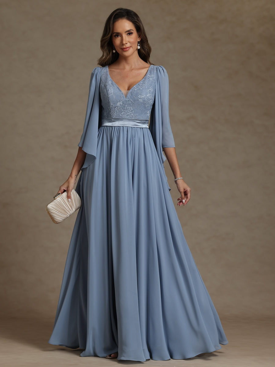 A-Line/Princess V-Neck Ribbon Floor-Length Mother of the Bride Dresses with Lace Appliques
